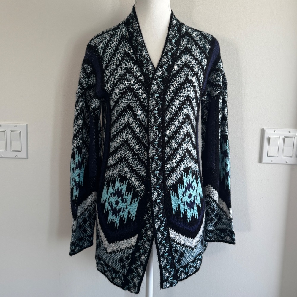 Pink Rose Southwestern Geometric Knit Cardigan Blue Womens Small Boho Sweater
